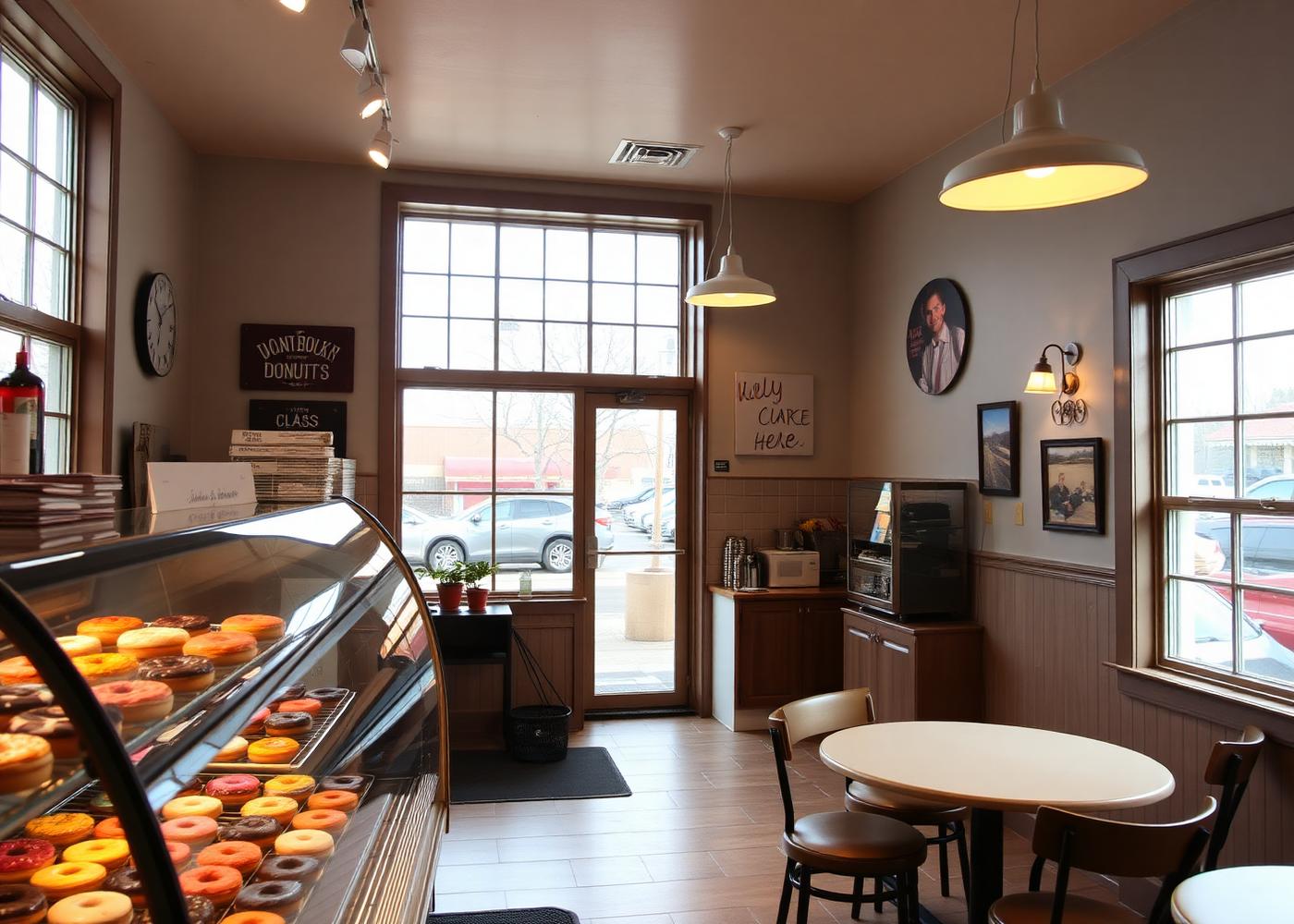 Warm interior of De Bakery Donuts with a full display case
